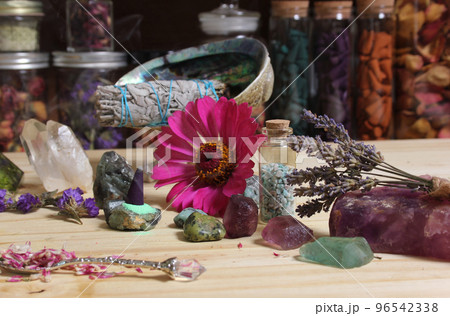 Dried Flowers and Crystal Stones on Meditation Altar Shallow DOF Dried Flowers and Crystal Stones on Meditation Altar Shallow DOF 96542338