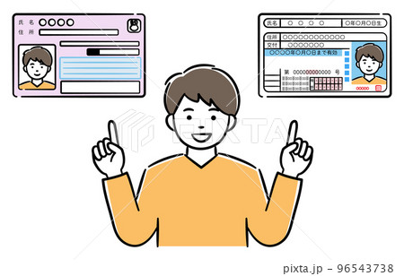 マイナンバーカードと運転免許証の一体化について説明している若い男性のイラスト 96543738