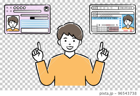 マイナンバーカードと運転免許証の一体化について説明している若い男性のイラスト 96543738