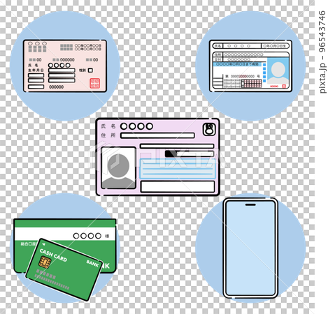 Image illustration of collaboration between my number card, health insurance card, driver's license, bank account, and smartphone Image illustration of collaboration between my number card, health insurance card, driver's license, bank account, and smartphone 96543746