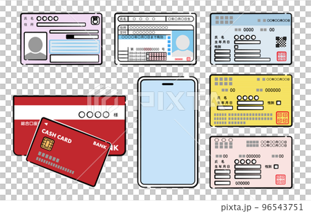 マイナンバーカード、各種健康保険証、運転免許証、銀行口座、スマートフォンのイラスト 96543751