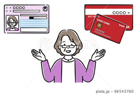 マイナンバーカードと公金受取口座の紐付けについて説明しているシニア女性のイラスト マイナンバーカードと公金受取口座の紐付けについて説明しているシニア女性のイラスト 96543760