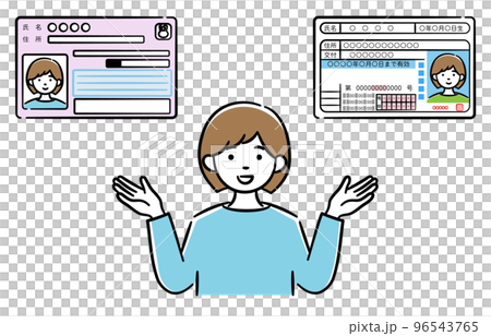 マイナンバーカードと運転免許証の一体化について説明している若い女性のイラスト 96543765