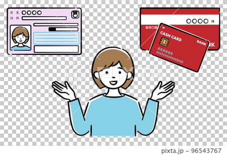 マイナンバーカードと公金受取口座の紐付けについて説明している若い女性のイラスト 96543767