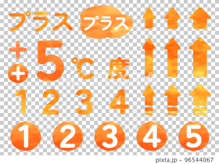 水彩風の温かい温度と数字とやじるしセット 水彩風の温かい温度と数字とやじるしセット 96544067