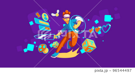 Young man enjoying vr gaming experience 96544497