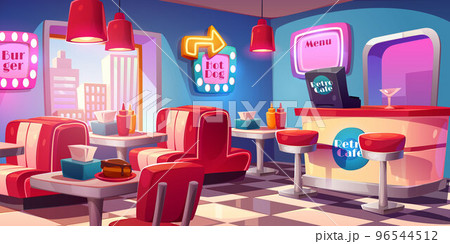 Retro cafe, american diner interior 96544512