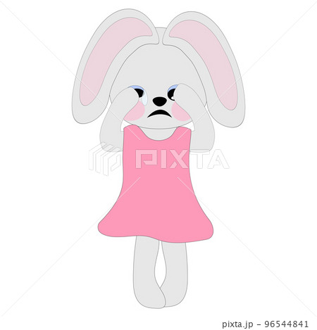 A bunny girl in a pink dress cries, covering her muzzle with her paws. Symbol of 2023. Coloring book for children. Vector image. 96544841