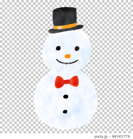 Watercolor illustration of a snowman wearing a top hat 96545779