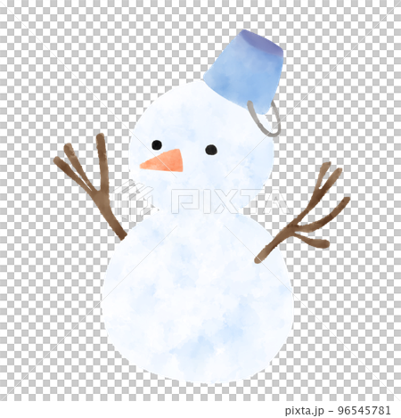 Watercolor illustration of a snowman wearing a bucket hat 96545781