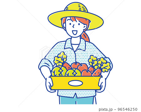 麦わら帽をかぶって野菜の箱を持つ若い女性 96546250