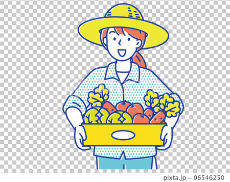 麦わら帽をかぶって野菜の箱を持つ若い女性 96546250