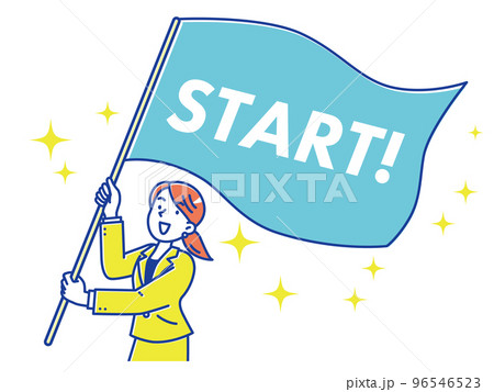 スタートの旗を振るスーツを着た若い女性 96546523