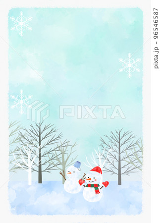 かわいい雪だるまと冬景色のはがきテンプレート コピースペースあり かわいい雪だるまと冬景色のはがきテンプレート コピースペースあり 96546587