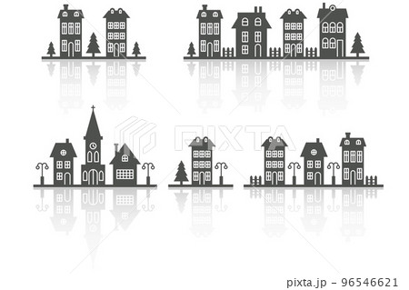 Suburban neighborhood landscape. Silhouette of houses and church on the skyline. Countryside cottage homes. Glyph vector illustration with reflection. 96546621