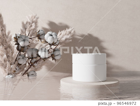 White, blank, unbranded cosmetic cream jar with water, pampas grass and cotton plant on beige background. Skin care product presentation. Modern mockup. Beauty and spa. Jar with copy space. 3D render. White, blank, unbranded cosmetic cream jar with water, pampas grass and cotton plant on beige background. Skin care product presentation. Modern mockup. Beauty and spa. Jar with copy space. 3D render. 96546972