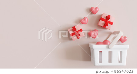 Shopping basket with gift boxes and hearts on beige background with empty space for text, copy space. Buying presents. Valentine's Day, Mother's or Woman's Day shopping, sale. 3D illustration. Shopping basket with gift boxes and hearts on beige background with empty space for text, copy space. Buying presents. Valentine's Day, Mother's or Woman's Day shopping, sale. 3D illustration. 96547022
