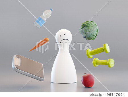Sad, depressed person has problems with weight. Try to be fit, lose weight. Trying to eat healthy and make sport. Confusion, anxiety. Worrying about body shape. Diet is disappointing. 3D rendering. Sad, depressed person has problems with weight. Try to be fit, lose weight. Trying to eat healthy and make sport. Confusion, anxiety. Worrying about body shape. Diet is disappointing. 3D rendering. 96547094