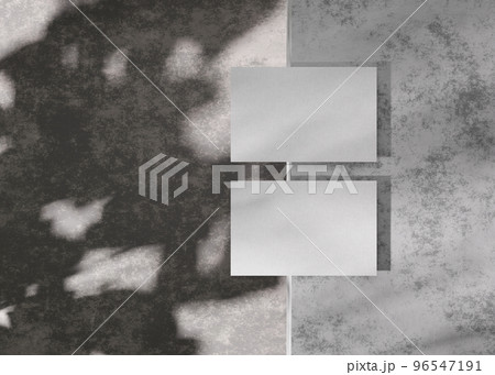 Blank white business cards on rough concrete surface. Mockup for branding identity. Two cards, to show both sides. Template for graphic designers. Free space, copy space. 3D rendering. 96547191