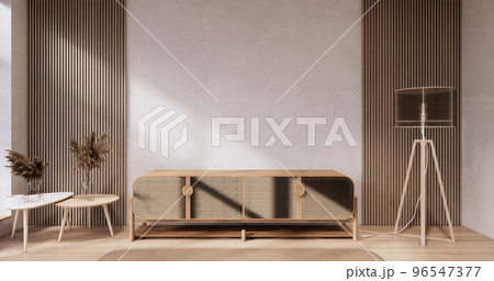 Cabinet wooden japandi design on living room wabi sabi style empty wall background Cabinet wooden japandi design on living room wabi sabi style empty wall background 96547377
