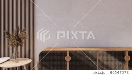 Cabinet wooden japandi design on living room wabi sabi style empty wall background 96547378