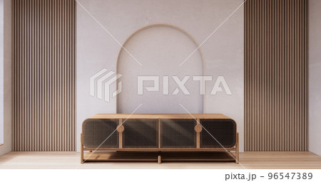 Cabinet wooden japandi design on living room wabi sabi style empty wall background Cabinet wooden japandi design on living room wabi sabi style empty wall background 96547389