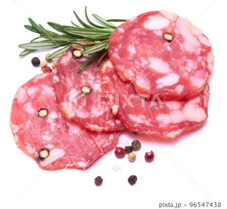 Sliced Smoked dry Salami sausage isolated on white background Sliced Smoked dry Salami sausage isolated on white background 96547438