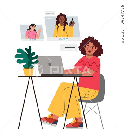 Virtual remote work. Windows with office colleagues. Online remote video conference call. Video conference. Vector illustration is flat isolated on a white background. 96547756