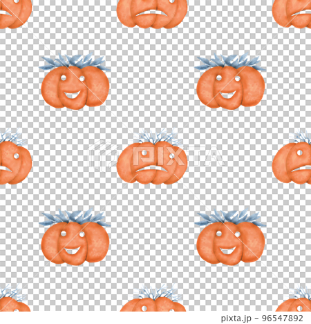 Seamless watercolor pattern - composition of cartoon halloween pumpkins. Orange pumpkins with carved scary smiling cute glowing faces. Vegetable pumpkin decoration or festive spooky happy face Seamless watercolor pattern - composition of cartoon halloween pumpkins. Orange pumpkins with carved scary smiling cute glowing faces. Vegetable pumpkin decoration or festive spooky happy face 96547892