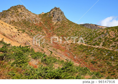 福島県二本松市 安達太良山登山道の分岐点峰の辻付近から見上げる矢筈森の紅葉 福島県二本松市 安達太良山登山道の分岐点峰の辻付近から見上げる矢筈森の紅葉 96547916