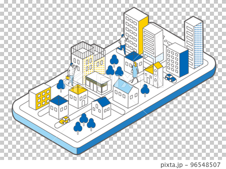 Isometric_simple_online virtual city illustration 96548507