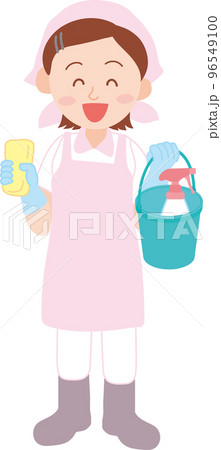 清掃のお仕事_清掃員_掃除道具を持った若い女性_全身 清掃のお仕事_清掃員_掃除道具を持った若い女性_全身 96549100