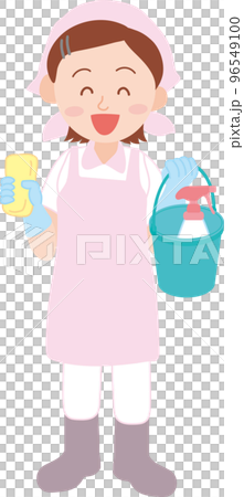 清掃のお仕事_清掃員_掃除道具を持った若い女性_全身 清掃のお仕事_清掃員_掃除道具を持った若い女性_全身 96549100