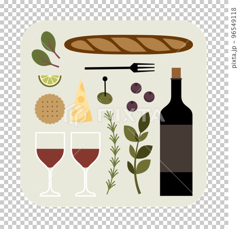 赤ワインとフランスパンのマークイラスト 赤ワインとフランスパンのマークイラスト 96549118