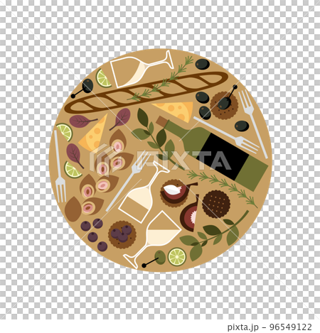 Circular mark illustration of white wine, bread and snacks Circular mark illustration of white wine, bread and snacks 96549122