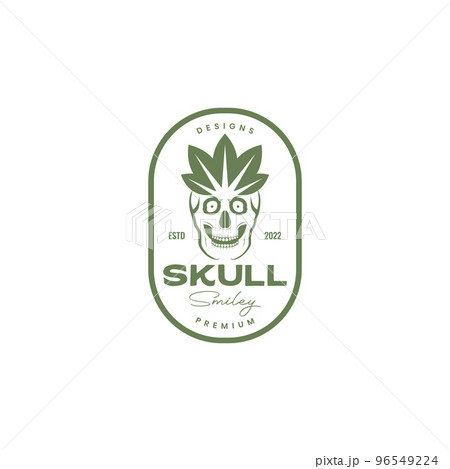 scare skull smile with leaf badge logo design vector scare skull smile with leaf badge logo design vector 96549224