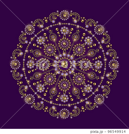 Jewellery luxury mandala with round motifs. Ornament made of gold jewelry chains, purple gems, rhinestones, ball beads in vintage style. For prints, poster, cover, textile, surface design. Jewellery luxury mandala with round motifs. Ornament made of gold jewelry chains, purple gems, rhinestones, ball beads in vintage style. For prints, poster, cover, textile, surface design. 96549914