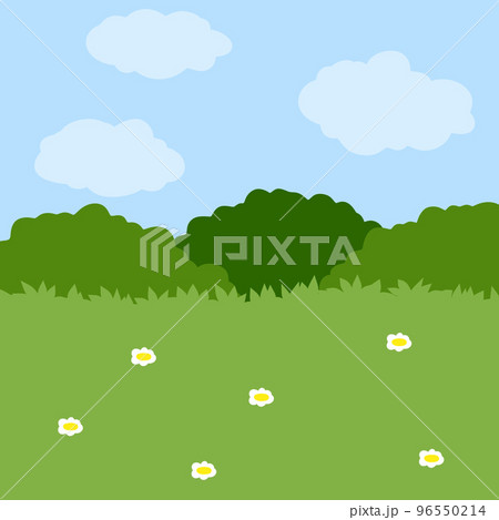 Green field with grass. Lawn with bushes and sky. Background for nature 96550214