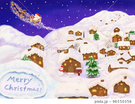 パステル風で、雪で真っ白になった小さな街にサンタクロースがクリスマスプレゼントを配って帰っている 96550356