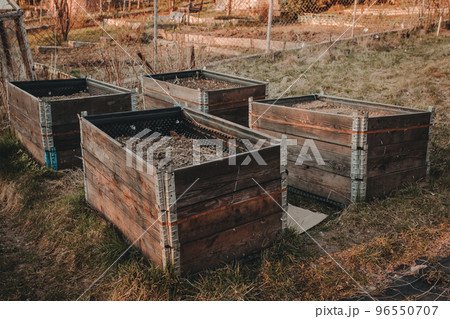 pallet collar raised beds in garden. Permaculture concept pallet collar raised beds in garden. Permaculture concept 96550707