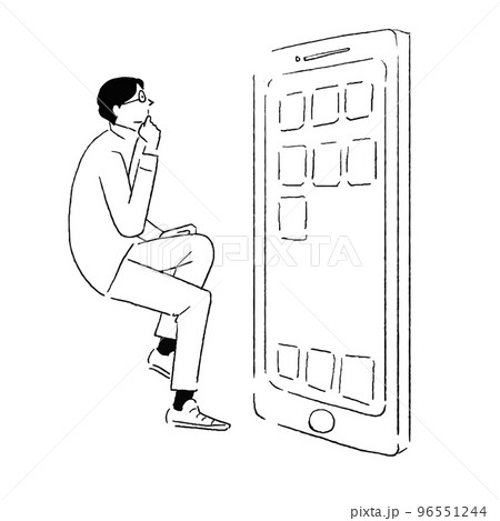 携帯電話の前で座って考えている男性の線画 96551244