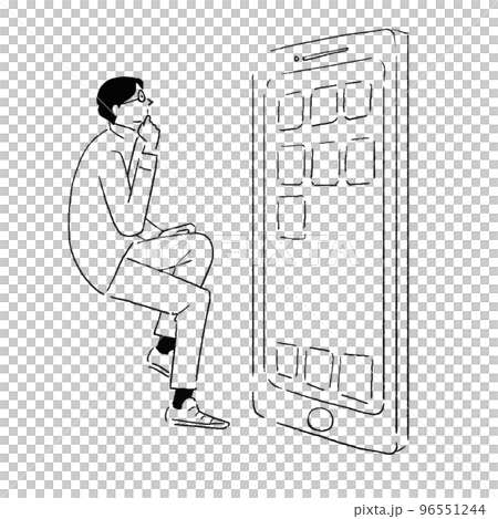 携帯電話の前で座って考えている男性の線画 96551244