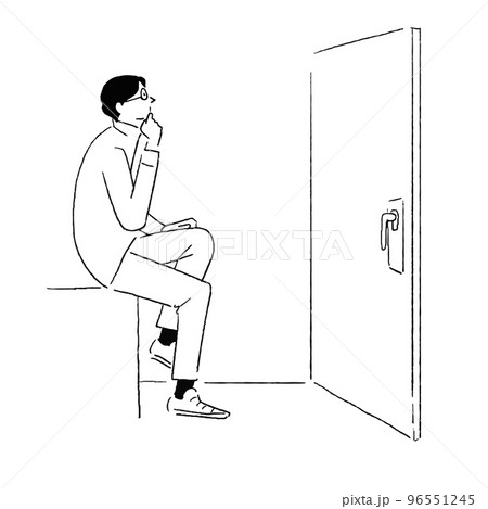 扉の前で座って考えている男性の線画 96551245