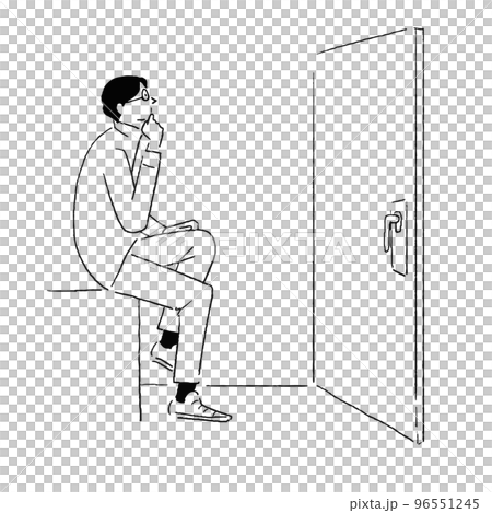 扉の前で座って考えている男性の線画 96551245