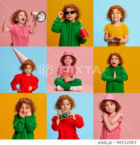 Collage. Portraits of cute little girl, child in different clothes posing isolated over multicolored background. Emotions Collage. Portraits of cute little girl, child in different clothes posing isolated over multicolored background. Emotions 96552063