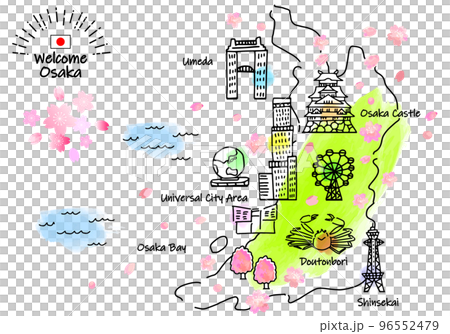春の大阪の観光地のシンプル線画イラストマップ 96552479
