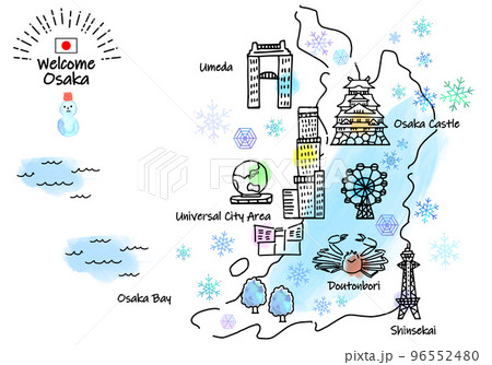 冬の大阪の観光地のシンプル線画イラストマップ 冬の大阪の観光地のシンプル線画イラストマップ 96552480