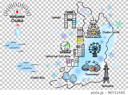 Simple line drawing illustration map of tourist spots in Osaka in winter 96552480