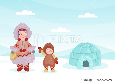 Eskimo indigenous family of mom and kid in traditional winter clothes on north pole landscape cartoon vector 96552529
