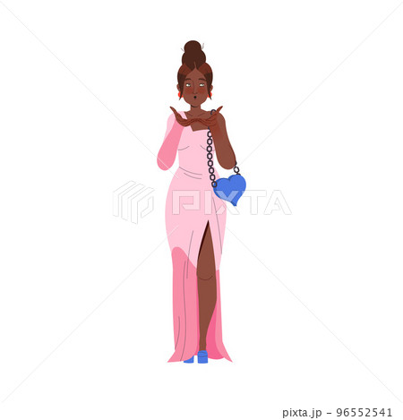 Cheerful Woman Character in Pink Dress Air Kissing Celebrating New Year Holiday Vector Illustration 96552541